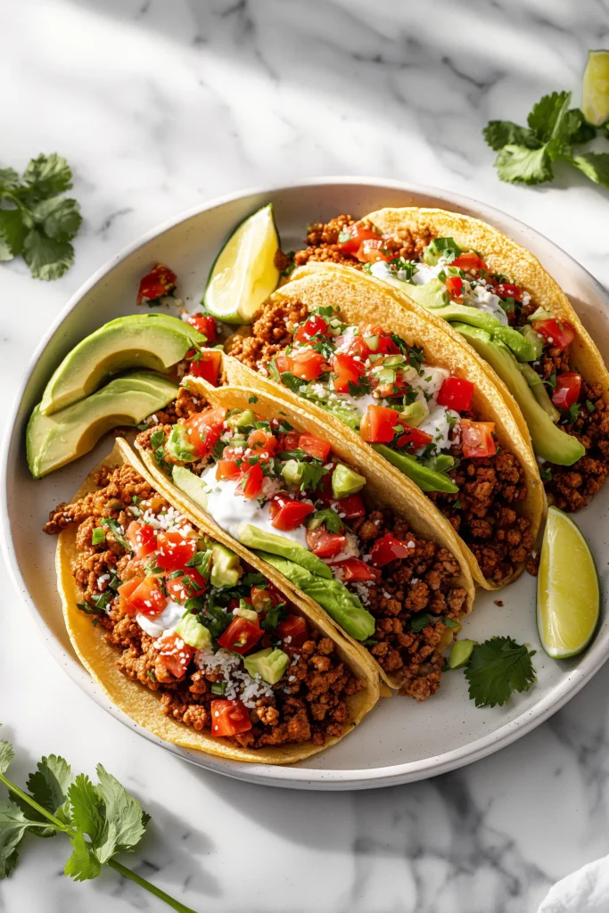 Ground Turkey Tacos with golden turkey filling and colorful toppings on a bright background.