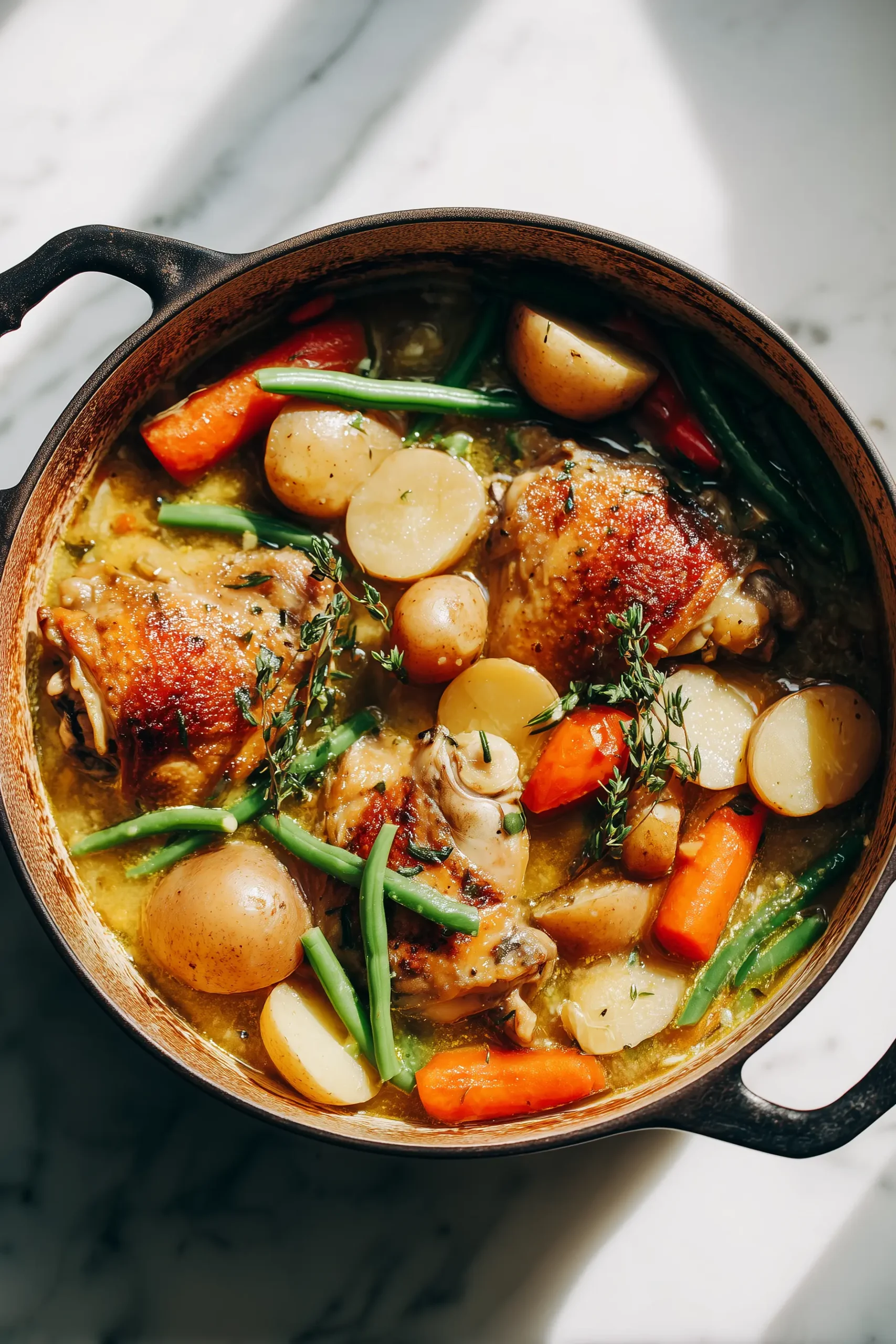 A pot of hearty one-pot stewed chicken with vibrant veggies and golden broth on a marble background.