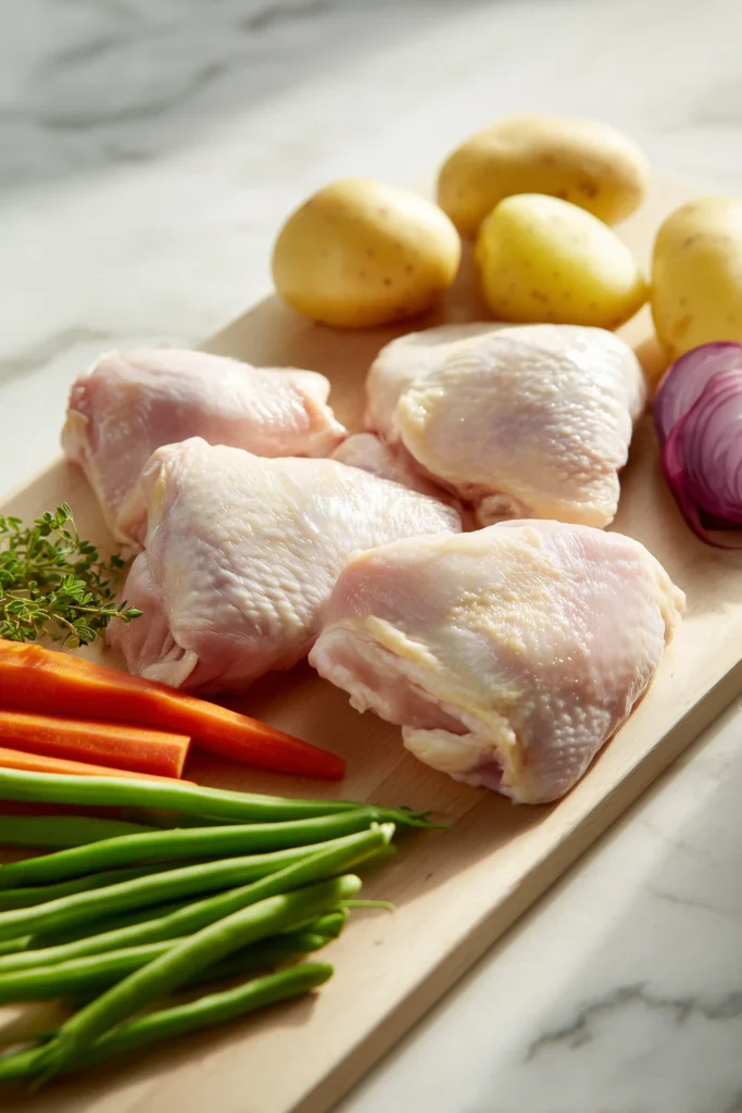 All the key ingredients for hearty one-pot stewed chicken arranged on a light board.