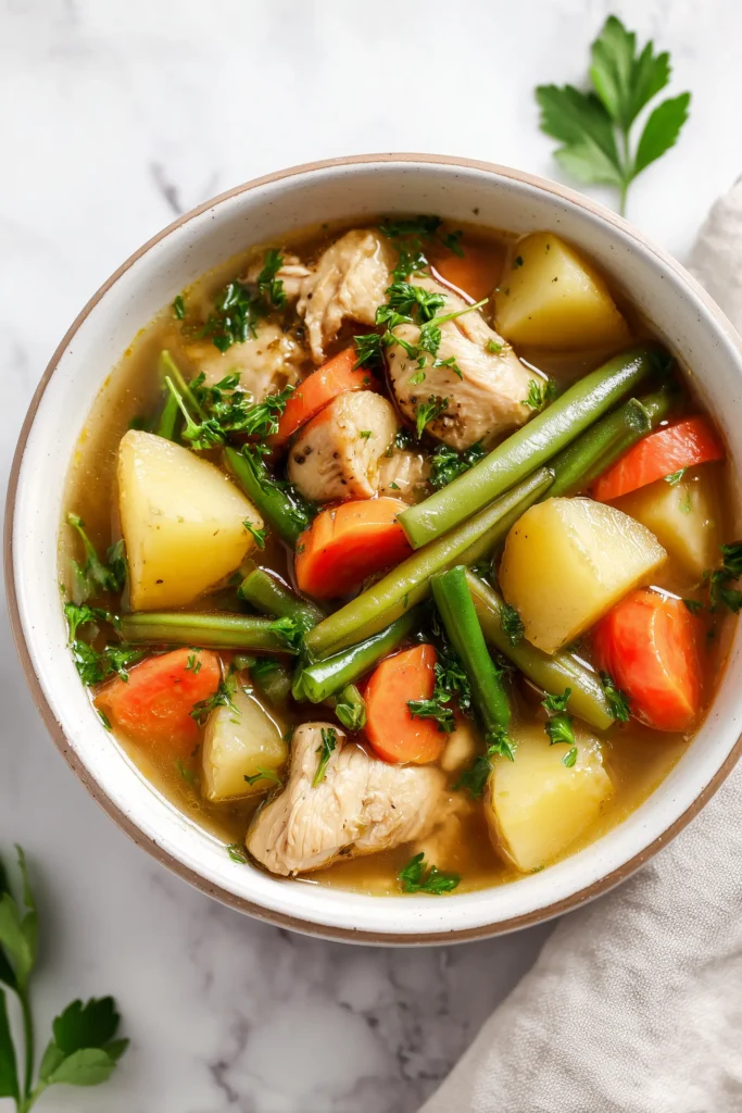 A bowl of hearty one-pot stewed chicken with vegetables and broth, topped with parsley.