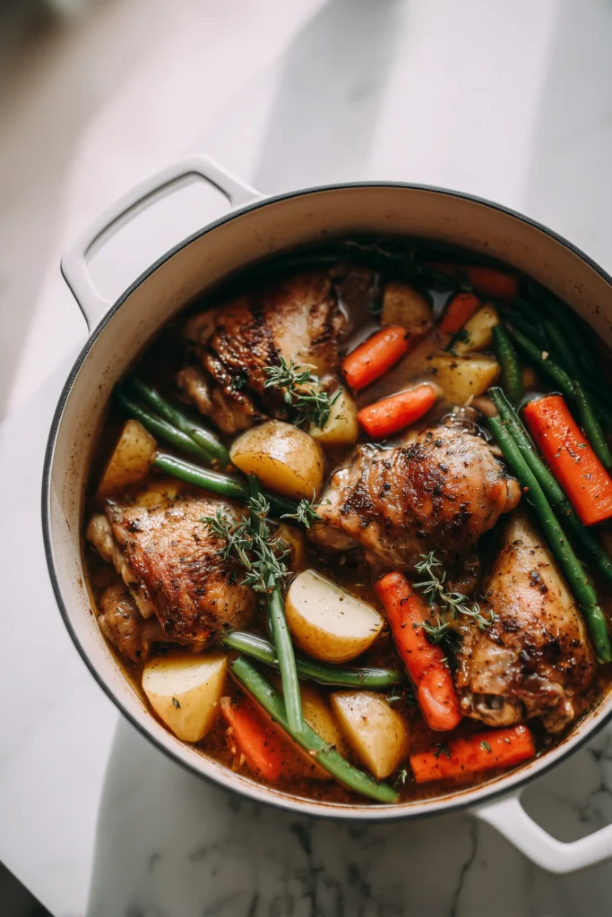 Hearty one-pot stewed chicken cooking with carrots, potatoes, and green beans in a white pot.