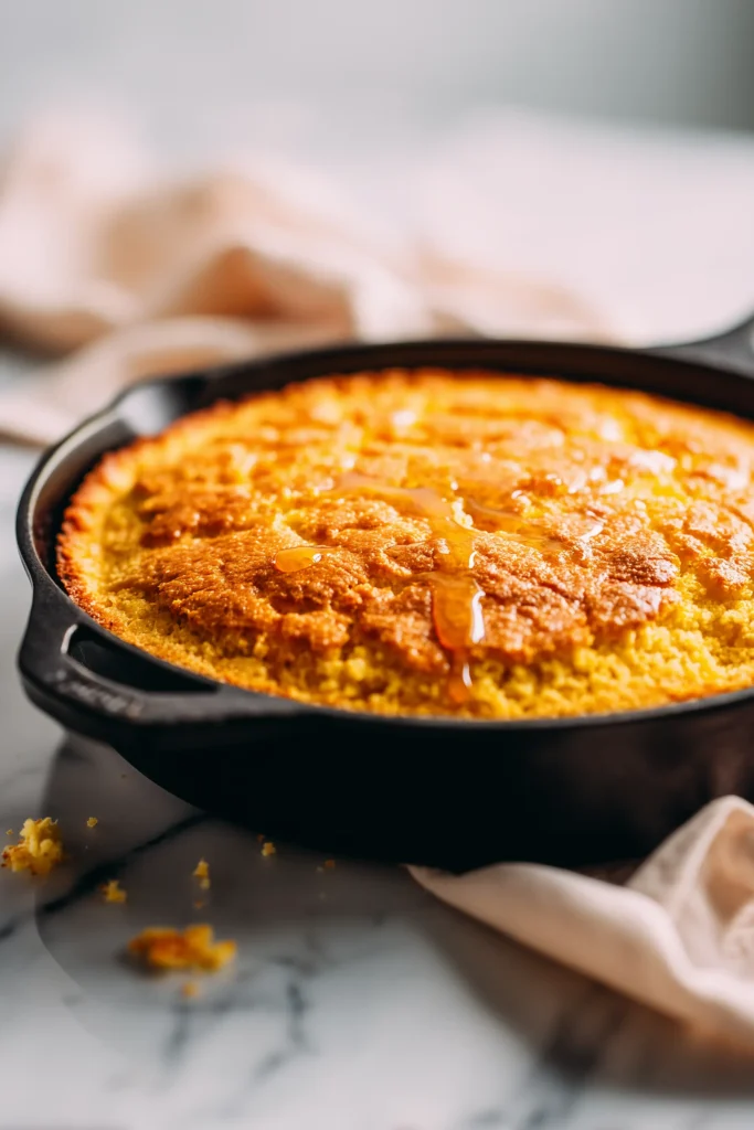 Honey Butter Cornbread 1 A cast iron skillet filled with golden Honey Butter Cornbread, drizzled with a glossy honey butter glaze and sliced to reveal its pillowy crumb.