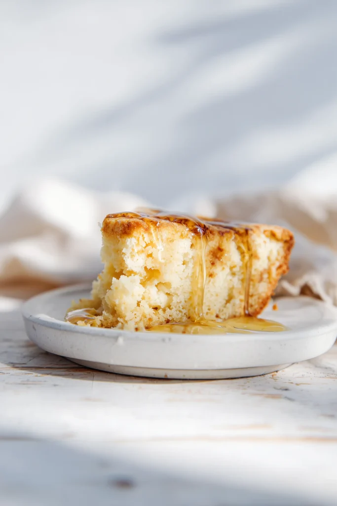 Honey Butter Cornbread 3 A close-up view of a fresh, warm slice of Honey Butter Cornbread on a white plate with honey butter melting on top.