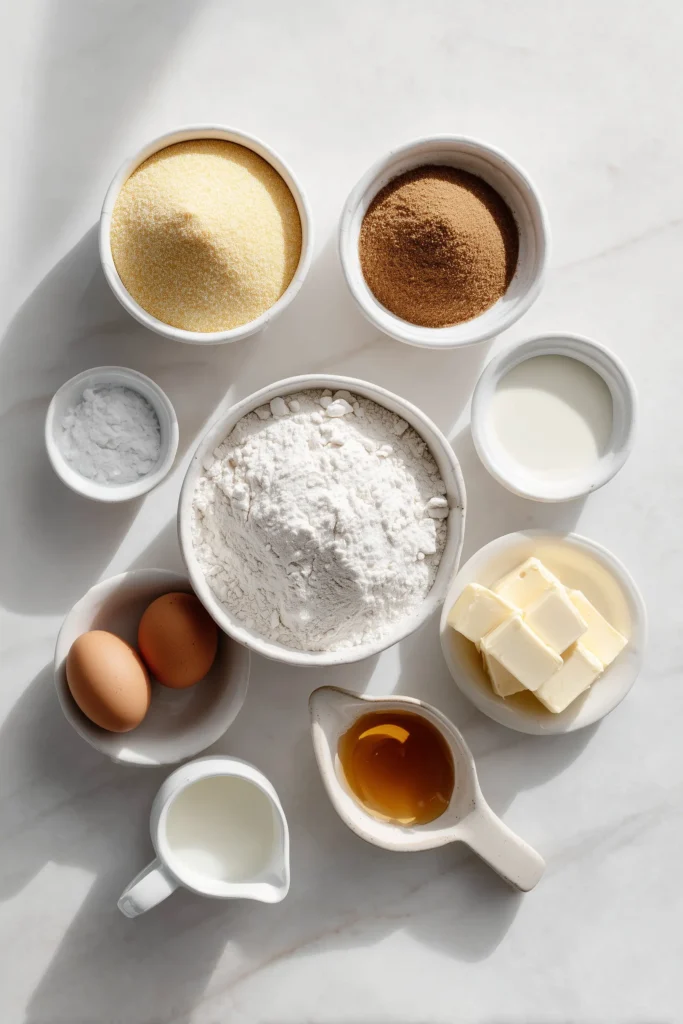 Honey Butter Cornbread 2 Overhead view of bowls and measuring cups containing cornmeal, flour, sugar, eggs, buttermilk, butter, and honey for Honey Butter Cornbread.