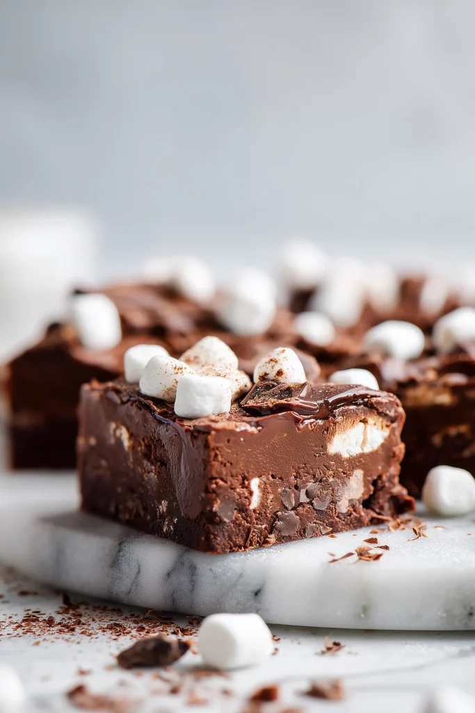 Squares of Hot Chocolate Fudge with mini marshmallows on a marble background.
