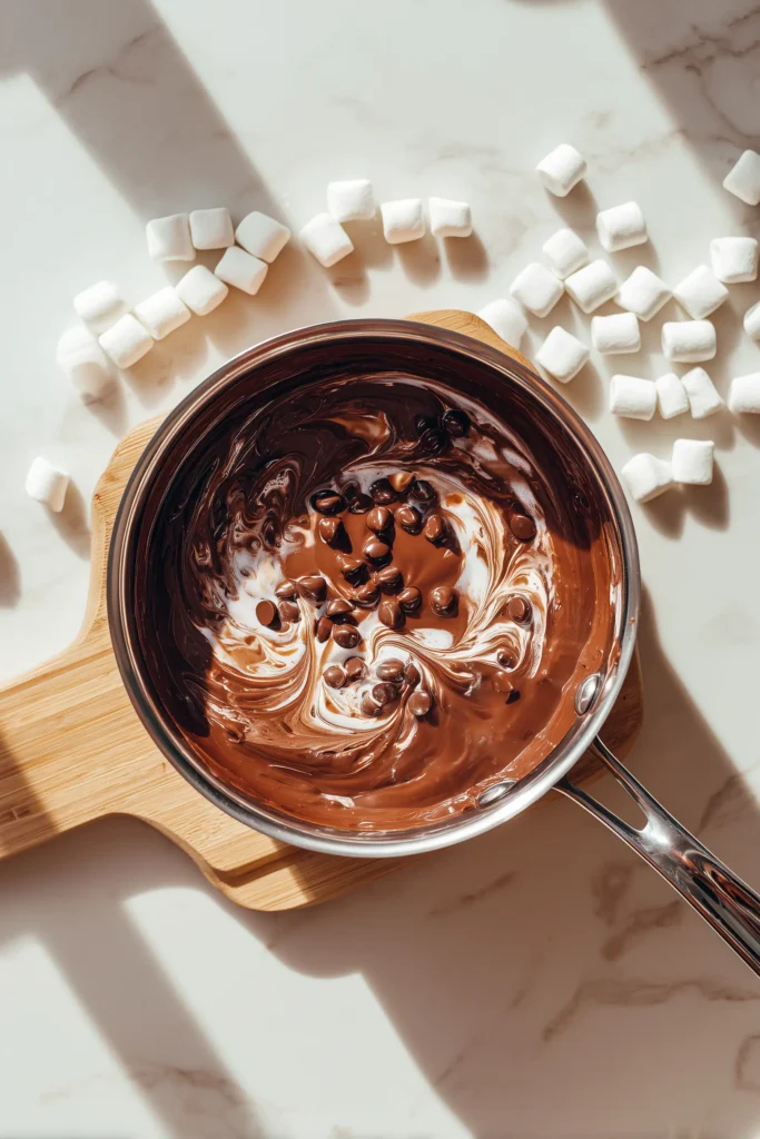 Saucepan of hot chocolate fudge mixture being melted and stirred, marshmallows nearby.