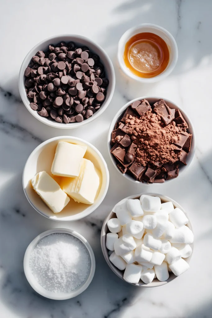 Neatly arranged ingredients for Hot Chocolate Fudge on a white marble surface.