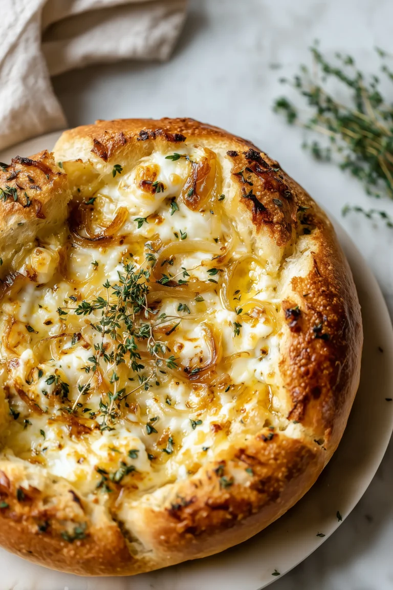 A baked bread bowl filled with Hot Honey Baked Brie Bread Bowl with Caramelized Onions, Garlic & Thyme, topped with caramelized onions, drizzled hot honey, thyme, and crispy edges.