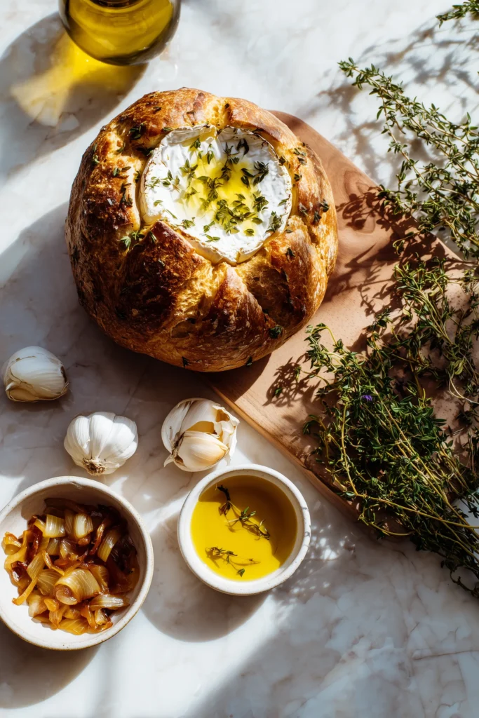Overhead view of Hot Honey Baked Brie Bread Bowl with Caramelized Onions, Garlic & Thyme ingredients—brie, bread boule, hot honey, onions, thyme, garlic, olive oil.
