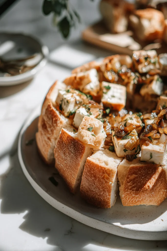 Bread bowl filled with Hot Honey Baked Brie Bread Bowl with Caramelized Onions, Garlic & Thyme, with extra bread for dipping, prepared for baking.