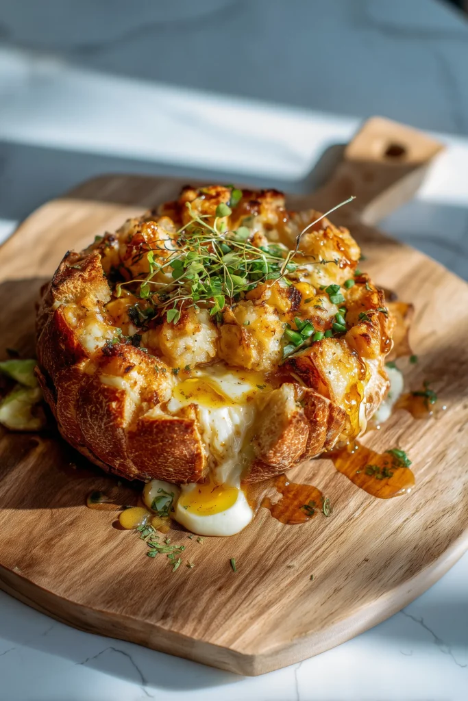 Hot Honey Baked Brie Bread Bowl with Caramelized Onions, Garlic & Thyme served with bread chunks, apple slices, and herbs on a platter.