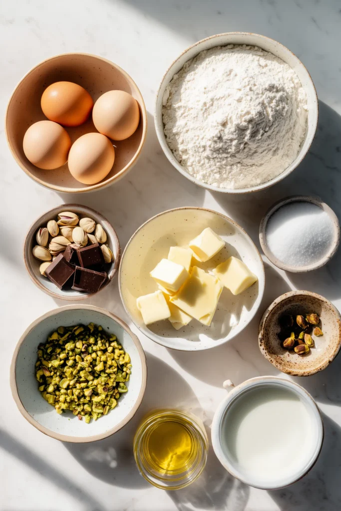 Bowls of flour, chocolate, pistachios, butter, and other ingredients to make Pistachio Chocolate Babka Pull-Apart.