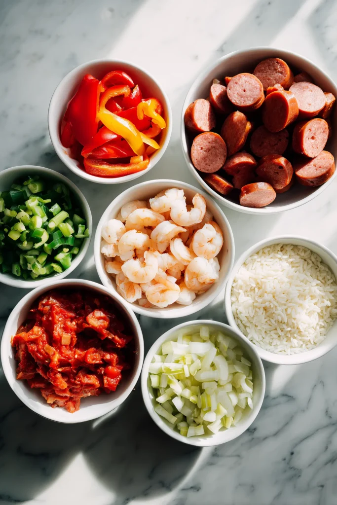 Slow Cooker Jambalaya Recipe 2 Slow Cooker Jambalaya Recipe ingredients including sausage, chicken, shrimp, peppers, and rice on a marble countertop.