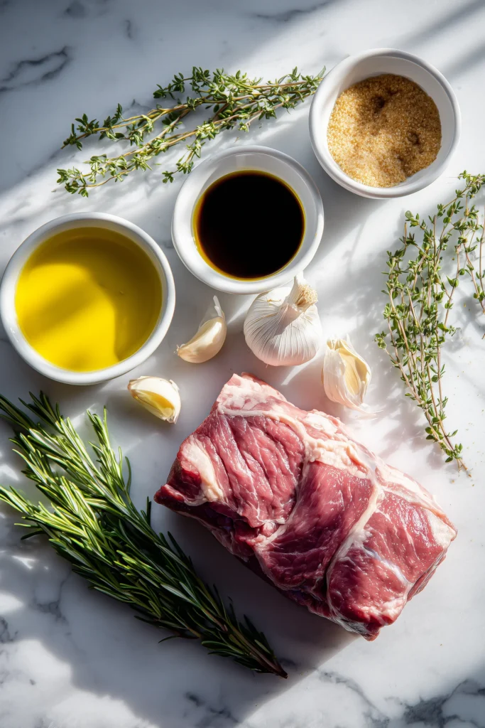 Slow Cooker Pork Loin with Balsamic Glaze 2 Brightly lit fresh ingredients for Slow Cooker Pork Loin with Balsamic Glaze arranged on a white marble surface.