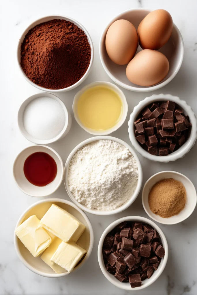 Flat-lay of red velvet brownies ingredients in bowls on white marble, including cocoa, sugar, eggs, and butter.