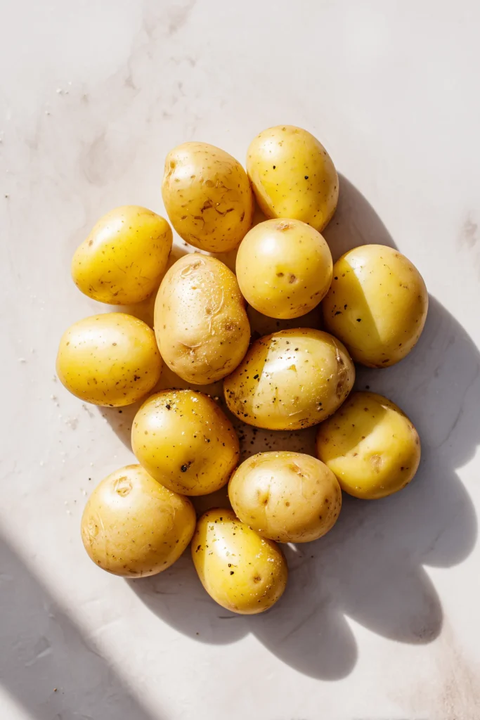 Overhead layout showing potatoes, Lipton onion soup mix, seasonings, and oil for Best Slow Cooker Lipton Onion Potatoes.
