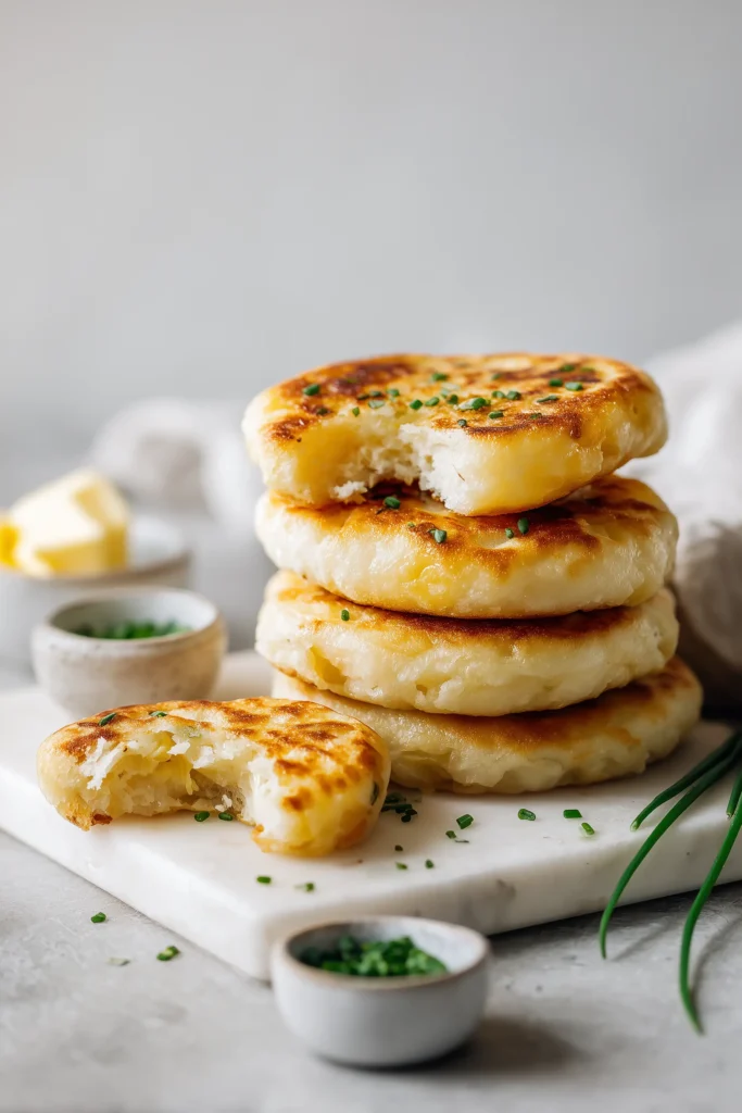 Irish Potato Farls 1 Golden crisp Irish Potato Farls broken open on a marble board, showing a soft, fluffy interior.