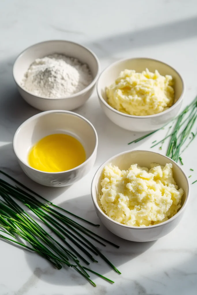Irish Potato Farls 2 Bowls of potatoes, flour, butter, and salt for making Irish Potato Farls on a marble surface.