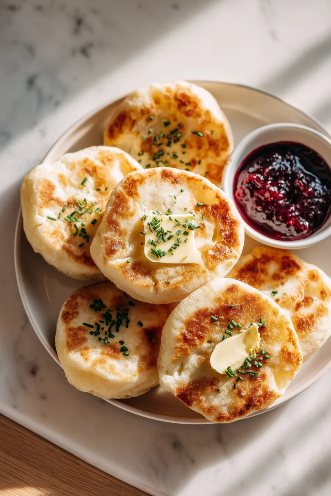 Irish Potato Farls 4 Irish Potato Farls on a plate topped with butter and chives, with a side of jam.