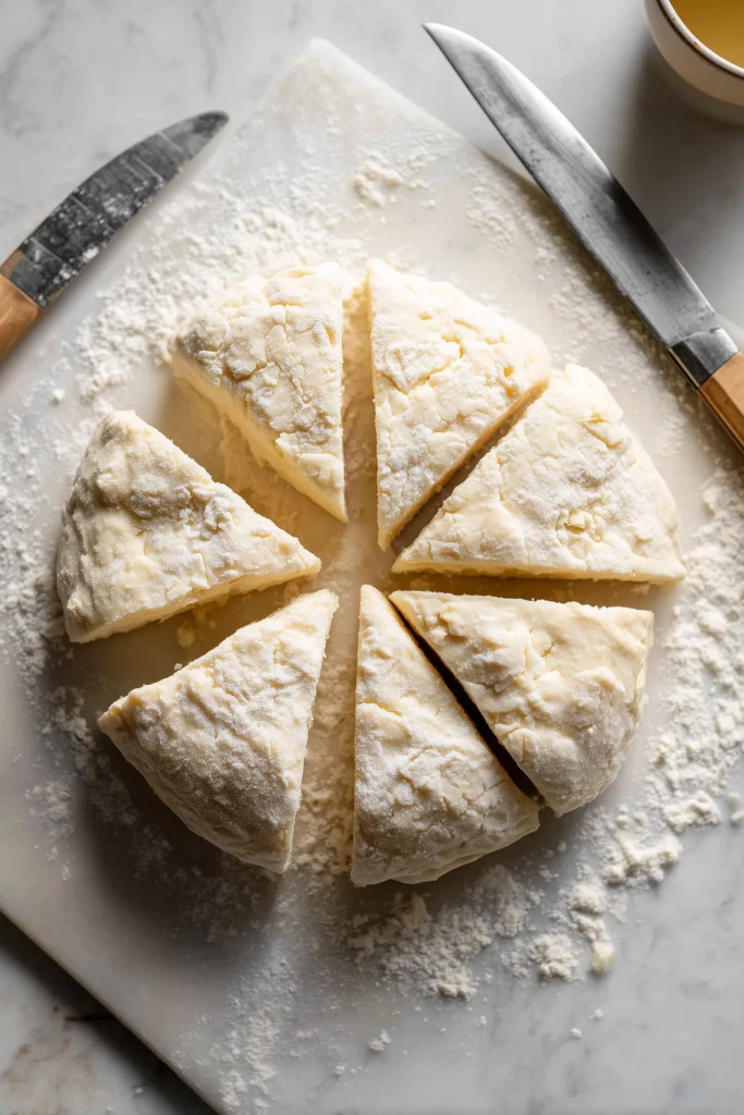 Irish Potato Farls 3 Dough for Irish Potato Farls on marble, shaped into a round and cut into wedges.