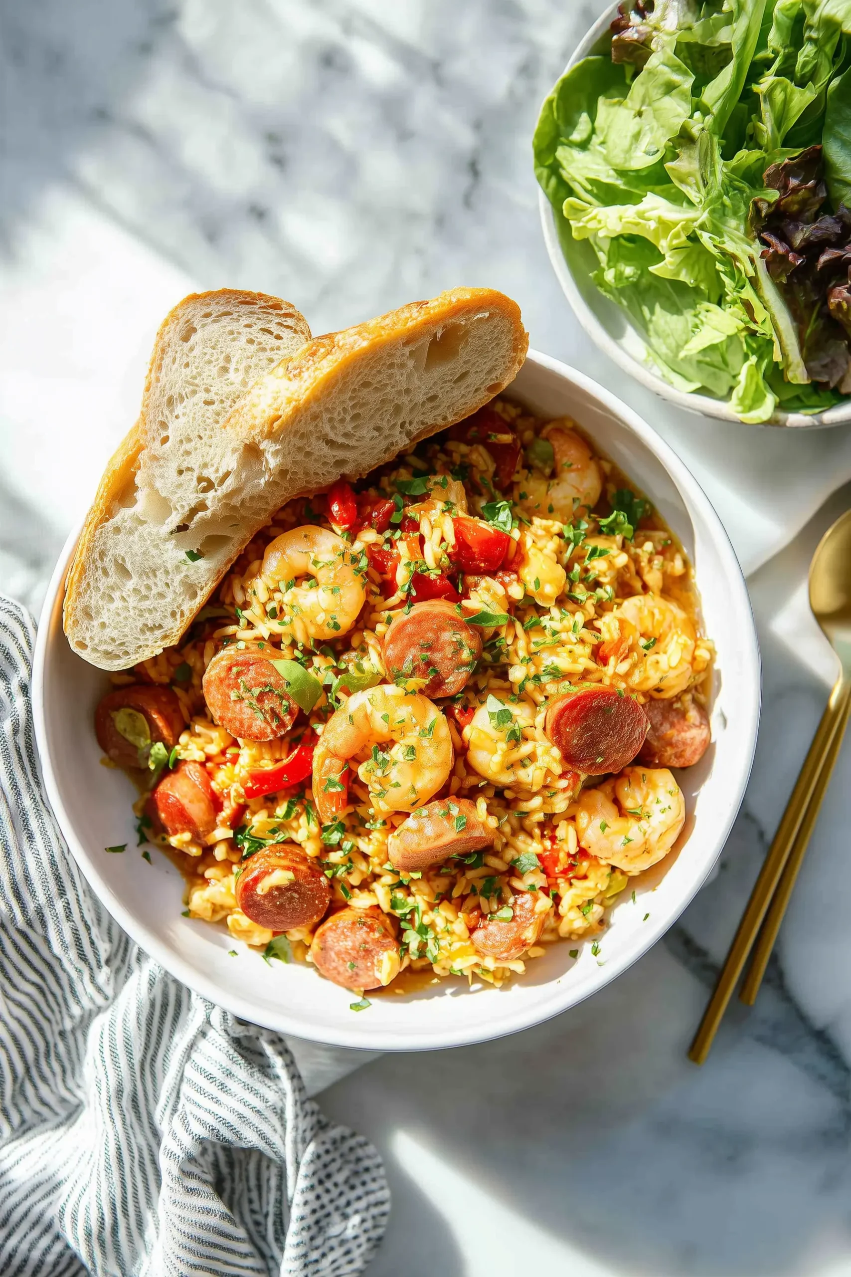 Slow Cooker Jambalaya Recipe 5 A serving platter of Slow Cooker Jambalaya Recipe with crusty bread and salad on a bright background.