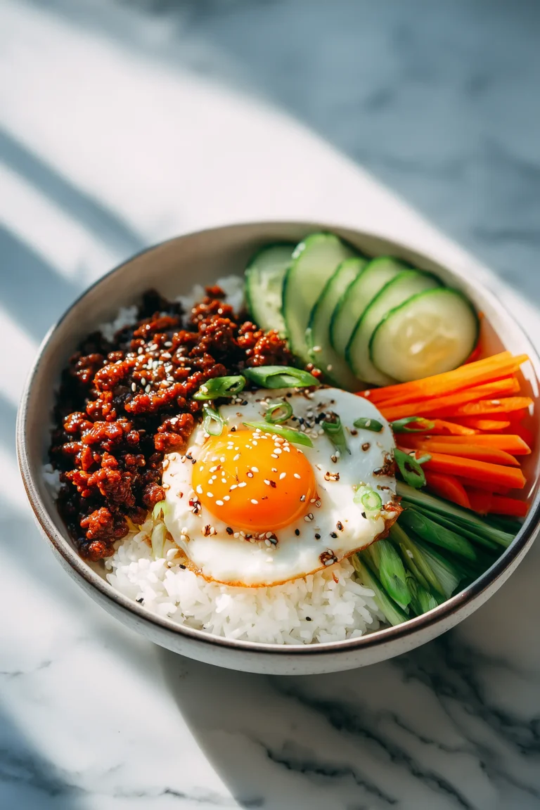 Overhead view of a Korean Ground Beef Bowl with caramelized beef, rice, colorful vegetables, and a fried egg.