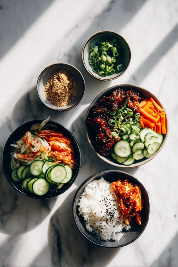 Korean Ground Beef Bowl 4 Assortment of colorful toppings for Korean Ground Beef Bowl, ready to serve family-style.