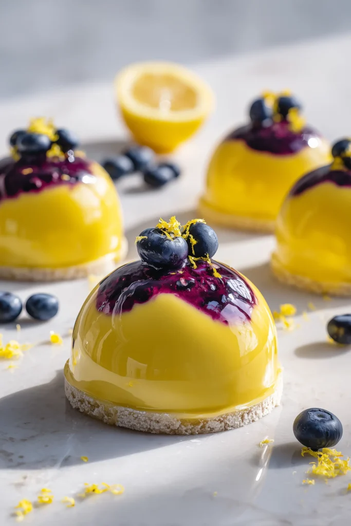 Glossy Lemon Blueberry Domes with blueberry centers and sponge base, displayed on a white marble surface.