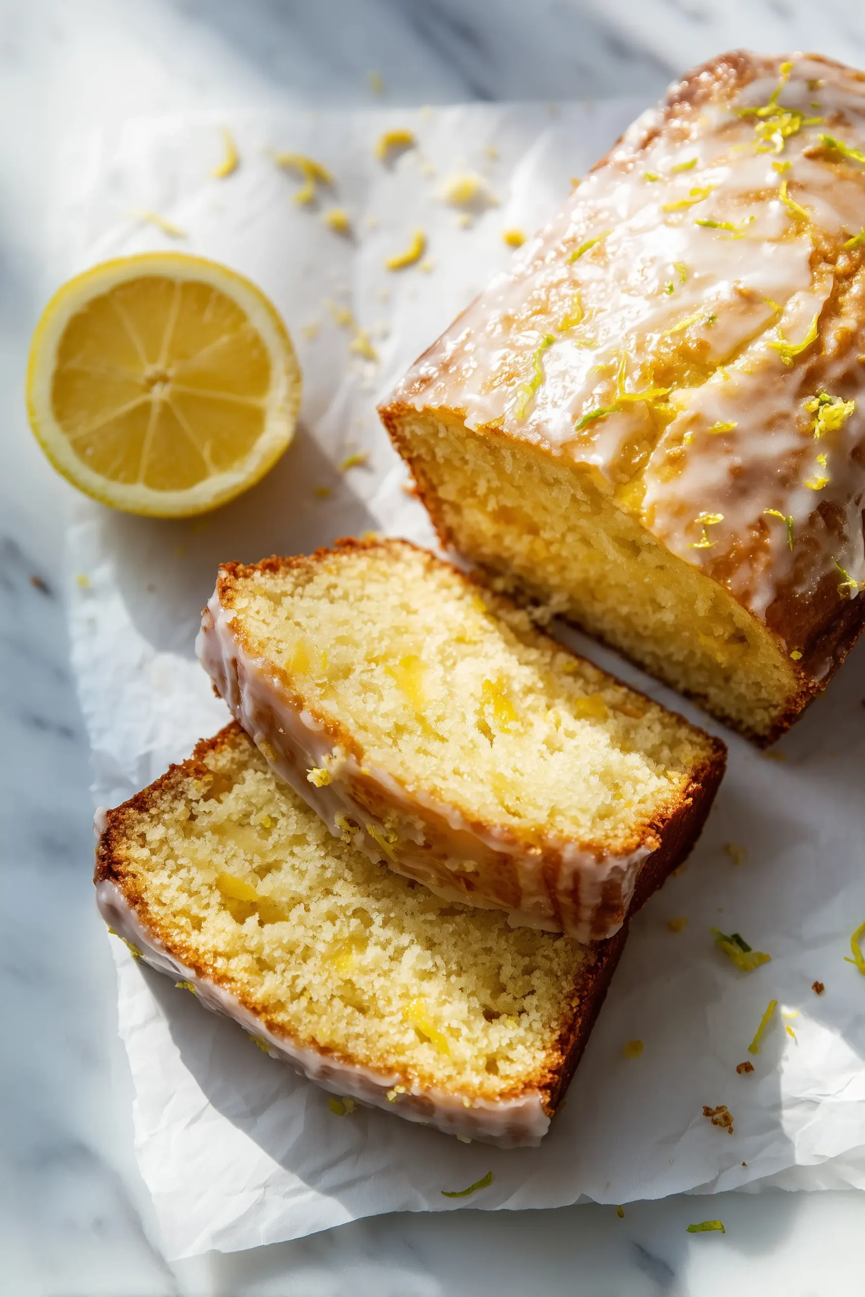 A bright, bakery-style Lemon Loaf topped with crackly citrus glaze and cut to show its tender crumb.