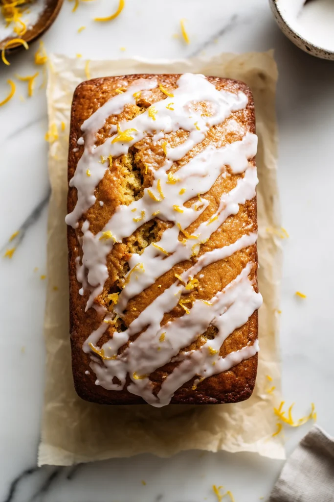 Bakery-style Lemon Loaf getting a glossy, citrusy glaze drizzled on its golden top.