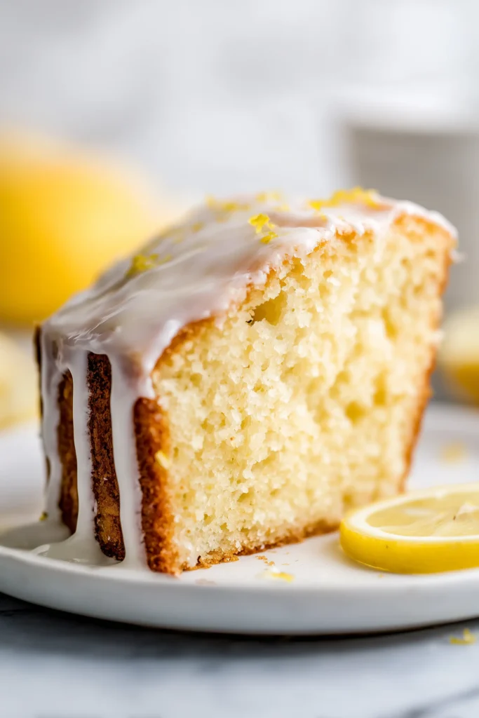 A thick slice of Lemon Loaf with a shiny glaze, highlighting its moist, fluffy texture.