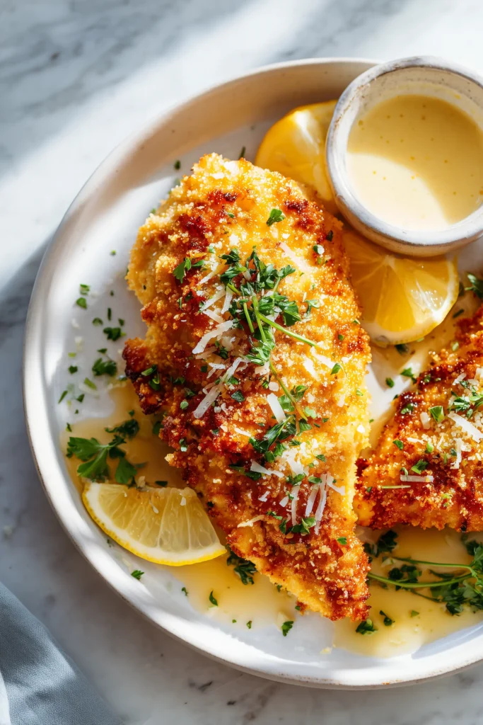 Overhead of Lemon Pecorino Crusted Chicken with golden crust and creamy sauce on a white marble background.