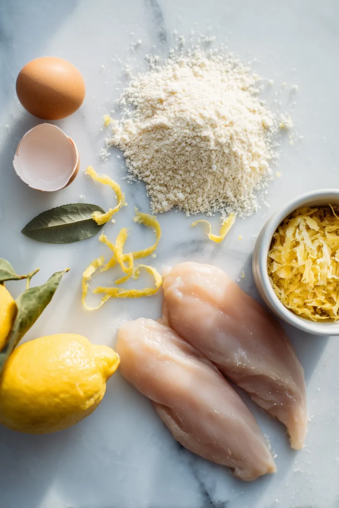 Lemon Pecorino Crusted Chicken 2 Flat lay of chicken, lemon zest, Pecorino, panko, eggs, and flour for Lemon Pecorino Crusted Chicken on a marble surface.