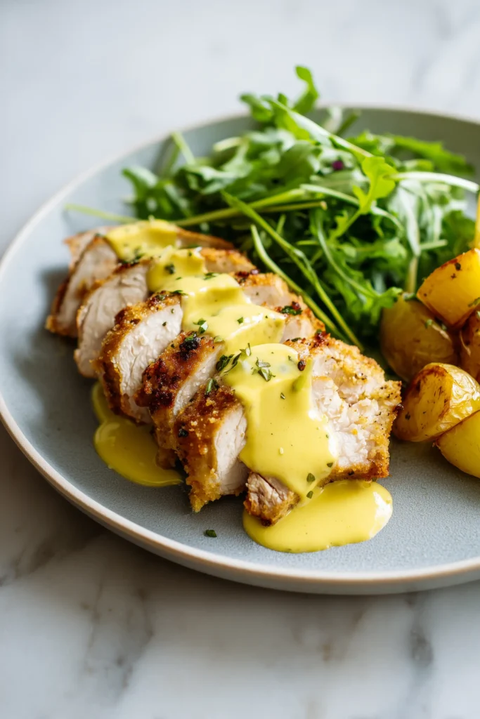 Lemon Pecorino Crusted Chicken 4 A plate with Lemon Pecorino Crusted Chicken, creamy sauce, arugula salad, and roasted potatoes on a marble background.