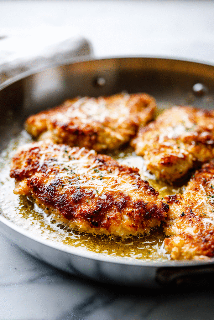 Lemon Pecorino Crusted Chicken 3 Close view of Lemon Pecorino Crusted Chicken frying to a golden crust in a bright kitchen.