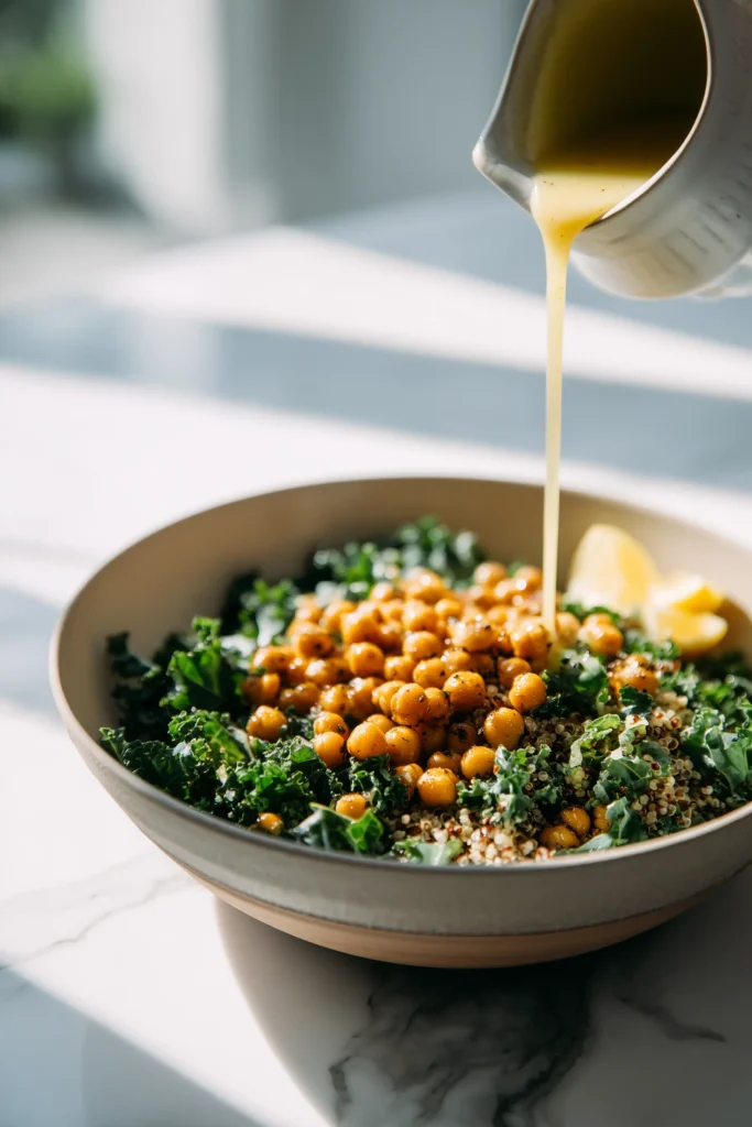Lemony Quinoa Kale Salad being tossed in a mixing bowl with lemon dressing.