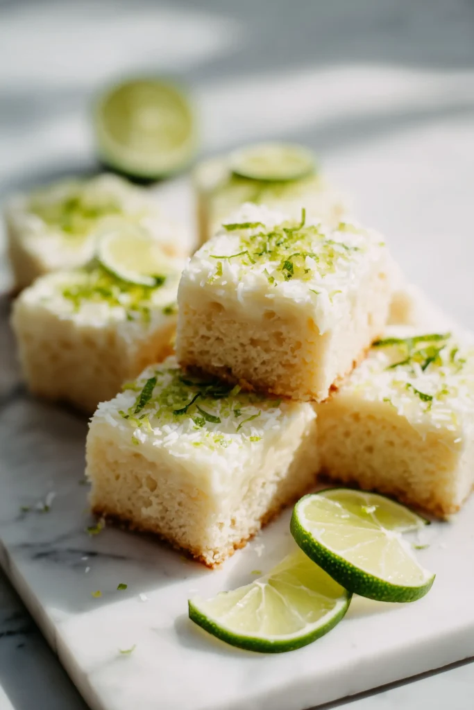 Lime Frosted Coconut Bars 1 Overhead view of Lime Frosted Coconut Bars with creamy lime frosting and vibrant coconut flake topping on white marble.