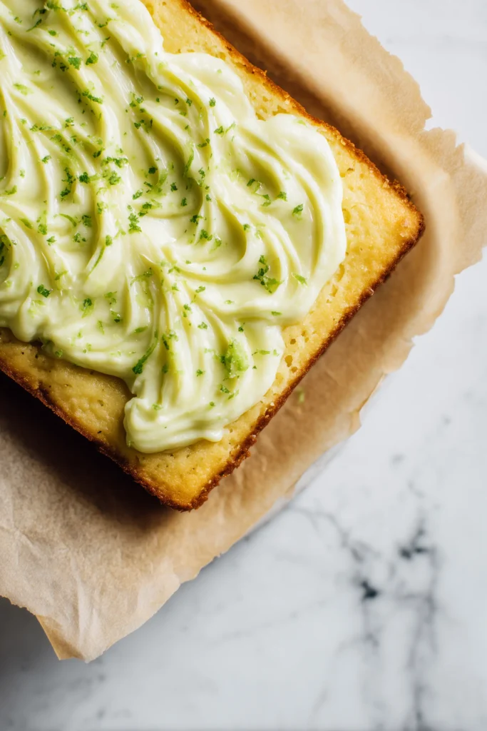 Lime Frosted Coconut Bars 2 Uncut Lime Frosted Coconut Bars in parchment-lined pan with creamy lime frosting spread on top.