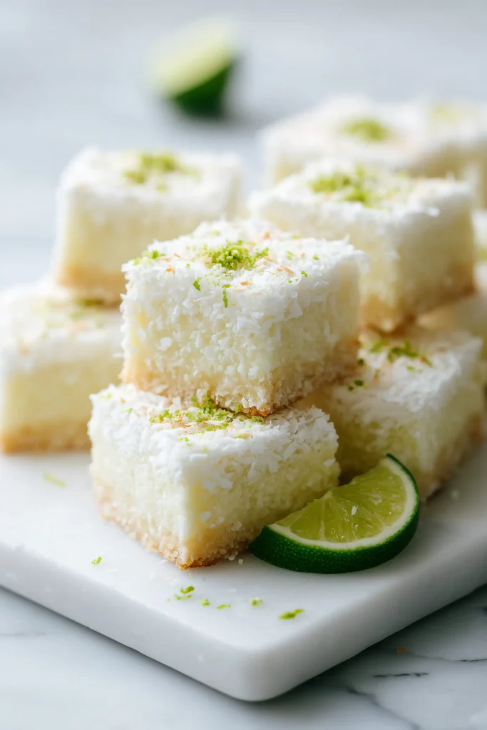 Lime Frosted Coconut Bars 3 Lime Frosted Coconut Bars cut into squares and served on a white platter, topped with lime zest and coconut.