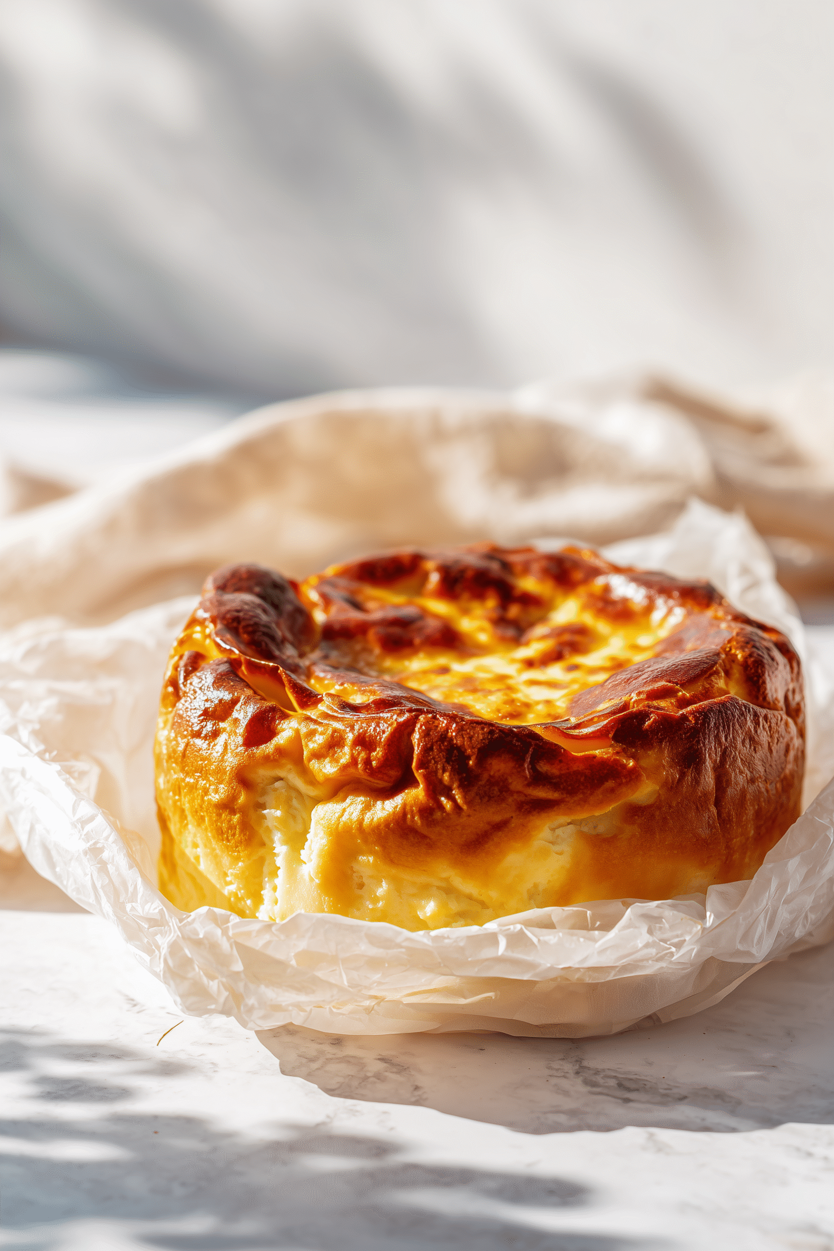 A golden Loaf Pan Basque Cheesecake with a caramelized top sits on parchment on a marble surface, ready to slice.