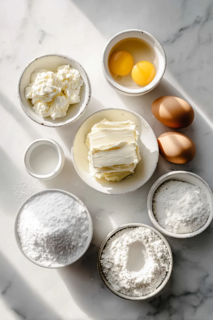 Loaf Pan Basque Cheesecake 2 Bowls of cream cheese, sugar, eggs, cream, and other ingredients for Loaf Pan Basque Cheesecake on a marble counter.