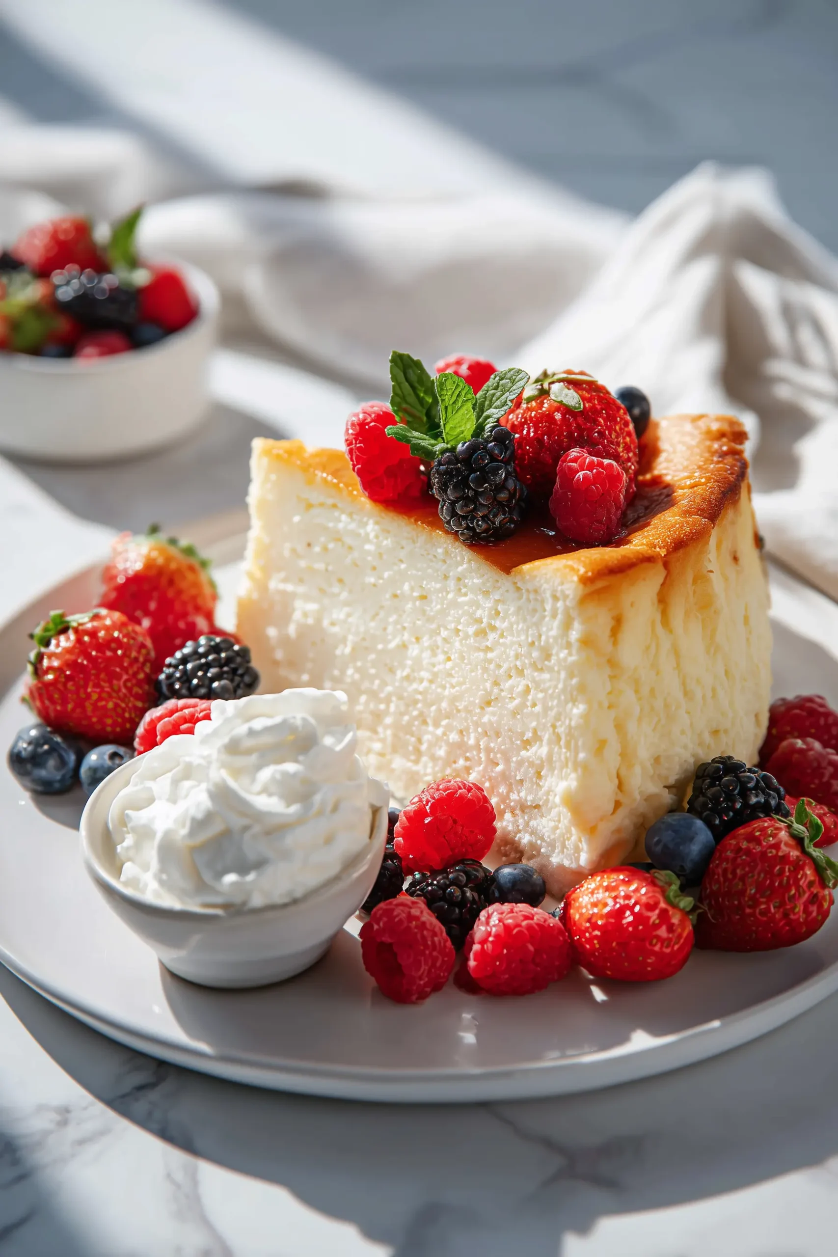Loaf Pan Basque Cheesecake 5 Slices of Loaf Pan Basque Cheesecake on a platter with vibrant berries and whipped cream on a brunch table.