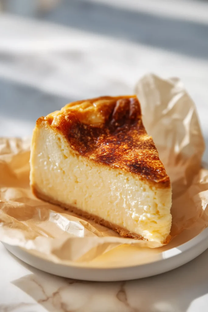 Loaf Pan Basque Cheesecake 3 Close-up of a sliced piece of Loaf Pan Basque Cheesecake on a plate, showing the creamy center and golden top.