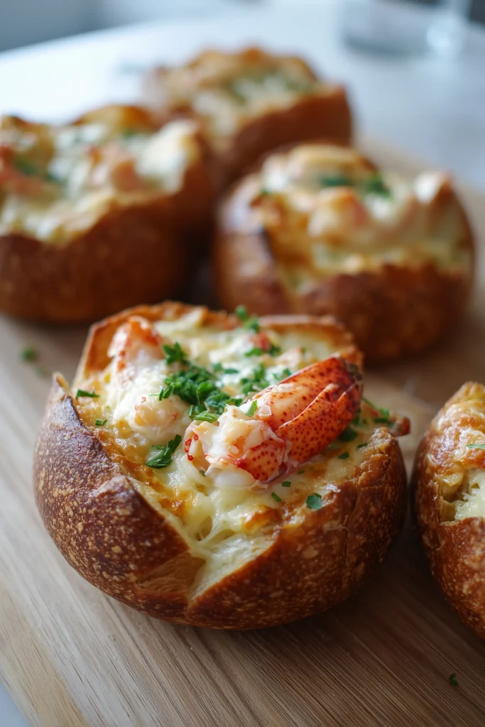 Unbaked Lobster Bread Bowls filled with creamy lobster and shredded cheese on a baking sheet.