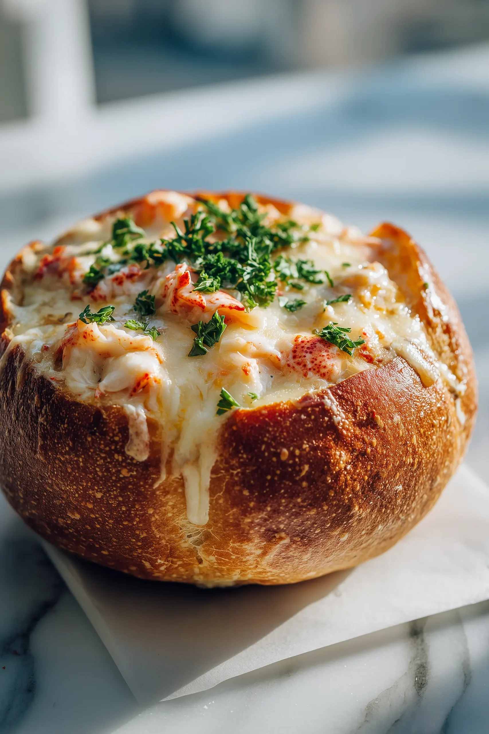 A golden Lobster Bread Bowl filled with creamy lobster and cheese, sitting on a bright marble surface.