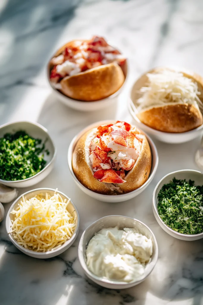 All key ingredients for making a Lobster Bread Bowl arranged on a bright marble counter.