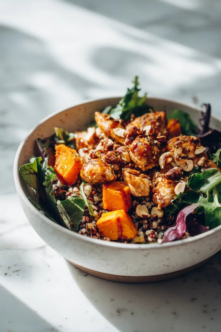 Maple Dijon Chicken & Roasted Sweet Potato Bowls with chicken, roasted sweet potatoes, greens, and grains in a bright, inviting bowl.