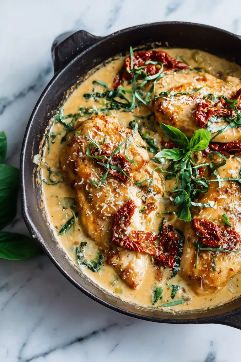 A skillet filled with Marry Me Chicken, golden seared chicken breasts in a creamy sun-dried tomato sauce with basil and parmesan.