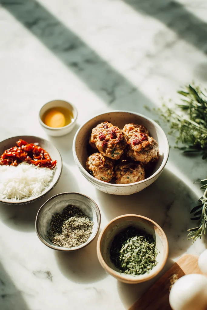 Marry Me Chicken Meatballs 2 Ingredients for Marry Me Chicken Meatballs arranged in bowls and plates on a bright marble surface.