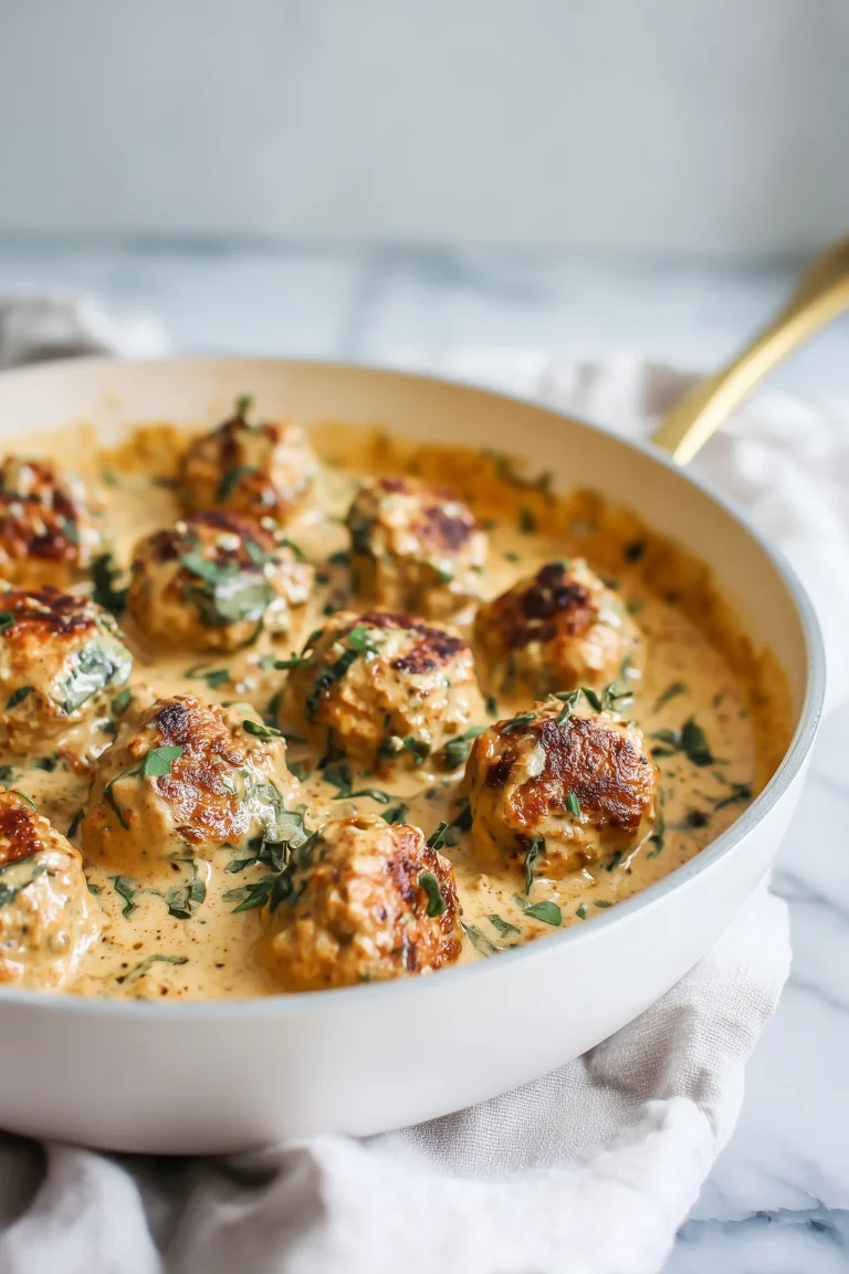 A skillet of Marry Me Chicken Meatballs in creamy sun-dried tomato sauce with golden sear.